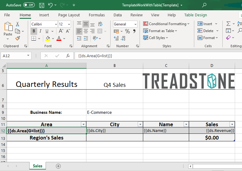 Excel template layout displaying template cells inside a table