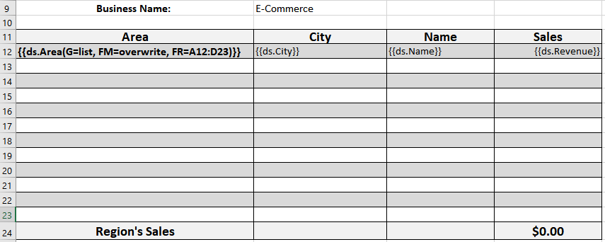 Excel template layout displaying fillmode and fillrange property in template cell