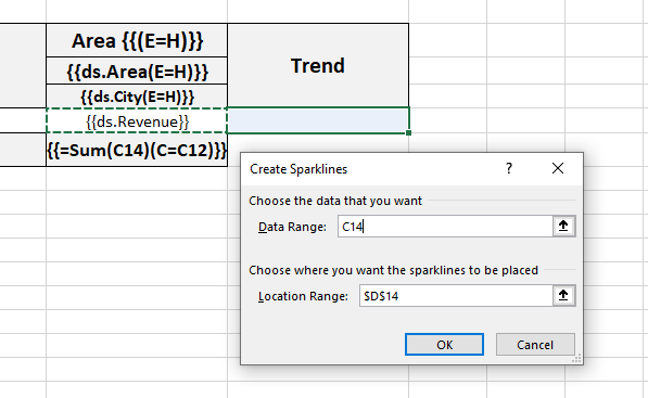 Set data and location range of sparkline in template layout