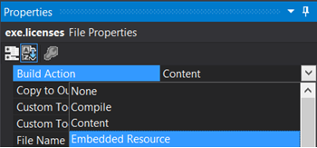 Changing the Build action for ext.licenses in Properties pane