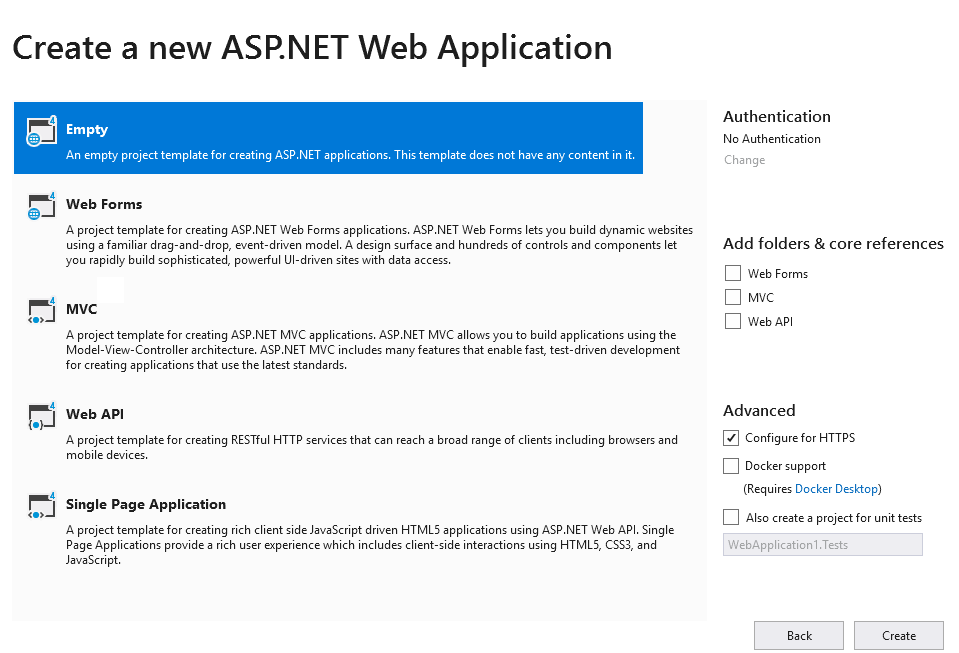 Create a new ASP.NET Web Application dialog