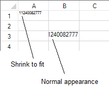 An image displaying spreadsheet cells with and without the shrink to fit option