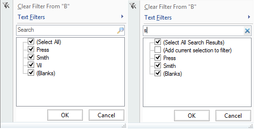 Search box in the table filter dialog