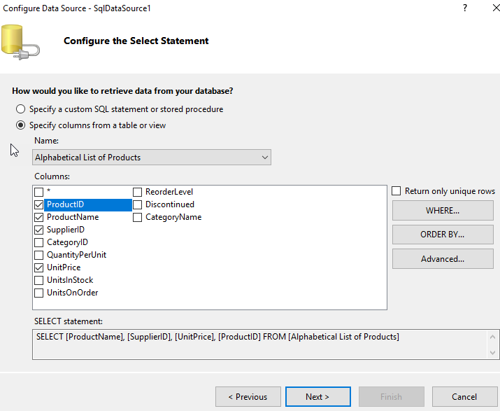 Data Source Configuration Wizard: Configure Select Statement