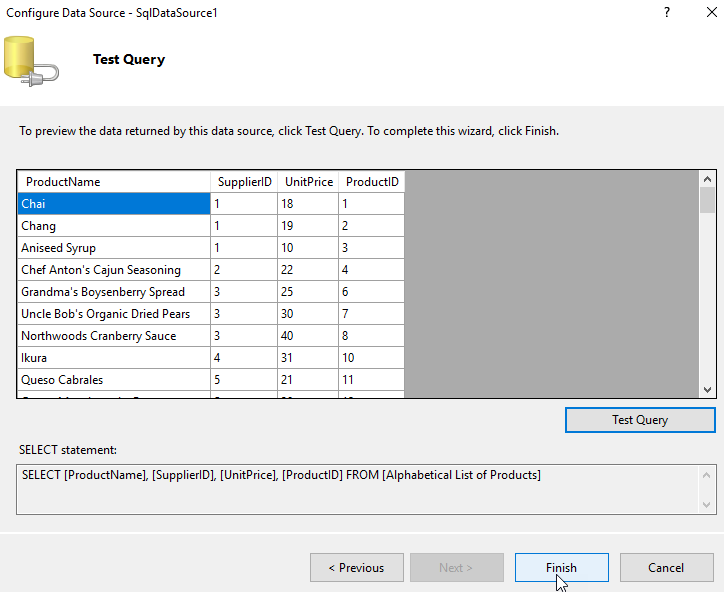 Data Source Configuration Wizard: Test Query