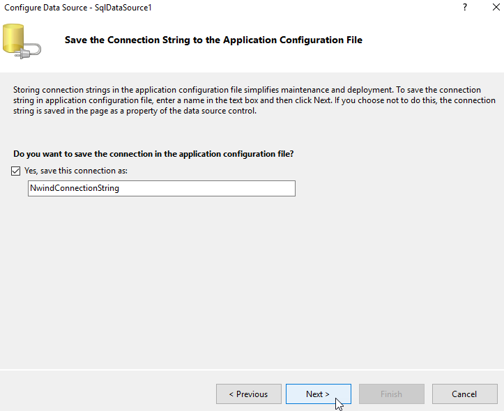 Data Source Configuration Wizard: Saving Connection String