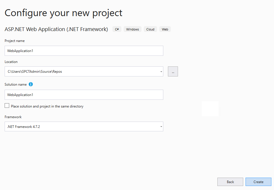 Configure your New Project dialog