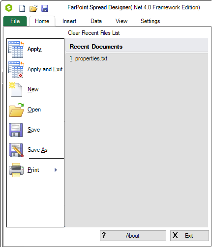 Spread Designer File Menu