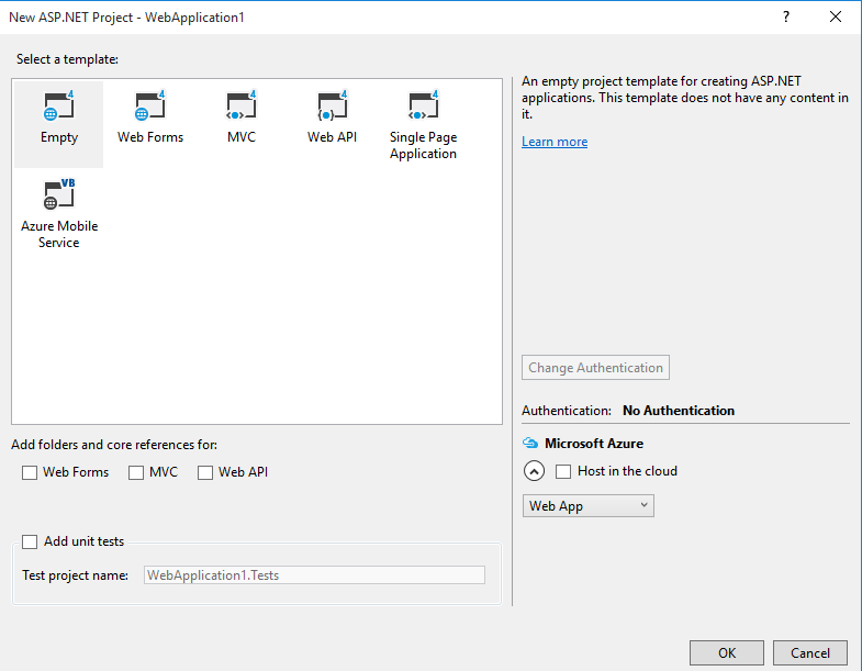 New ASP.NET Project dialog