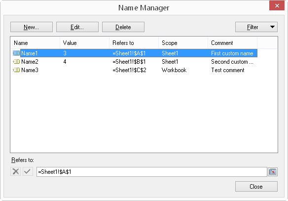Name Manager dialog in Spread Designer