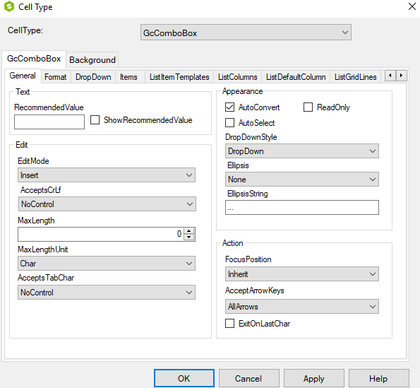 Spread Designer Cell Type Dialog GcComboBox Tab