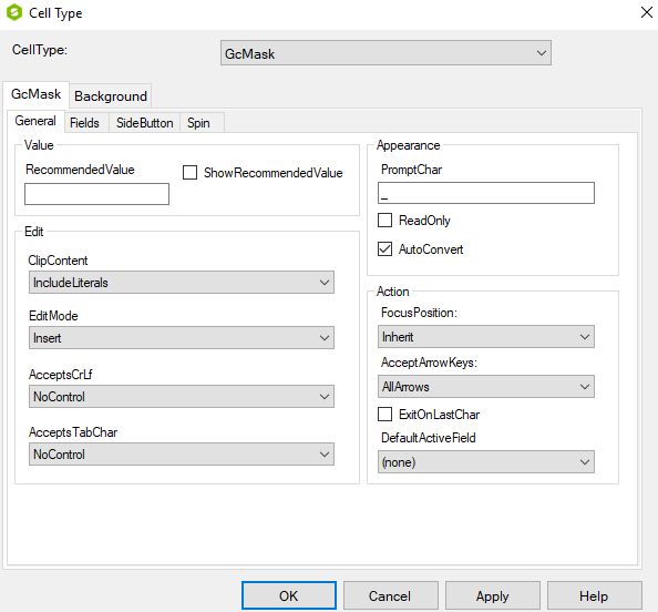 Spread Designer Cell Type Dialog GcMask Tab