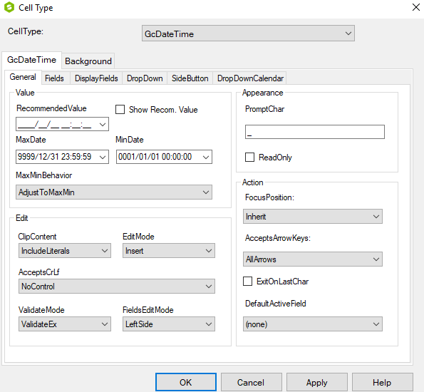 Spread Designer Cell Type Dialog GcDateTime Tab