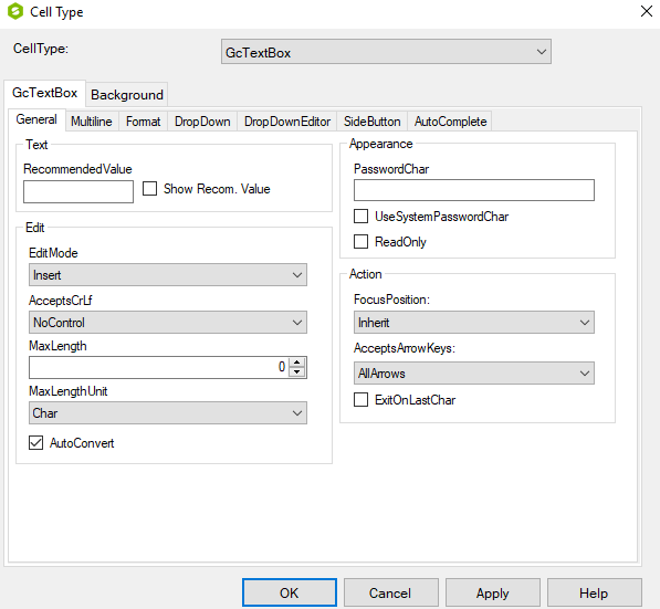 Spread Designer Cell Type Dialog GcTextBox Tab