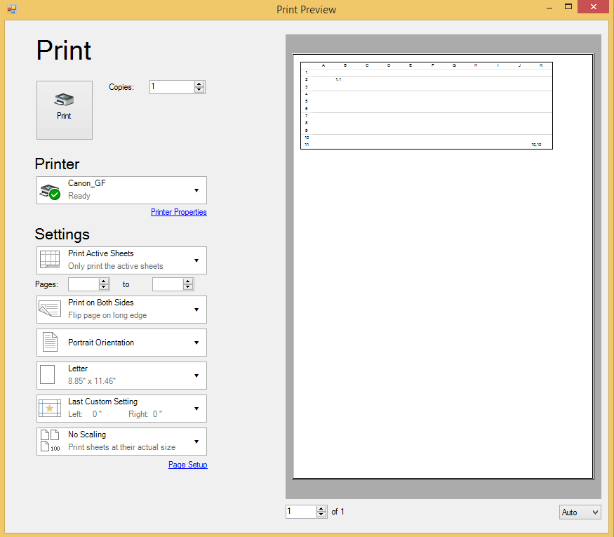 Print Preview dialog displaying various printing operations
